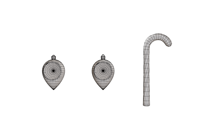 Low poly Christmas baubles candy cane 3D model wireframe view