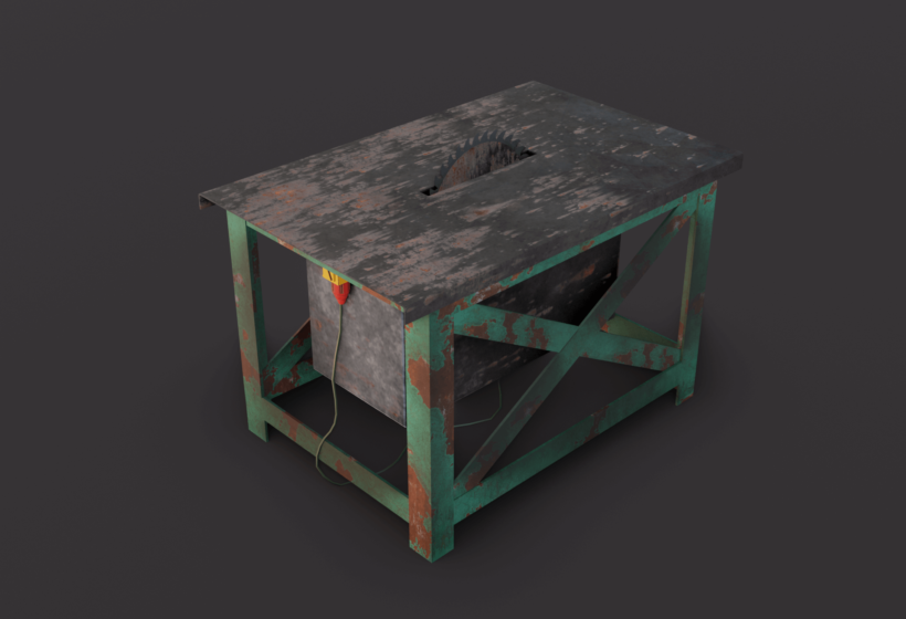 Old saw bench wood mill table saw low poly model rusty soviet blue green metal