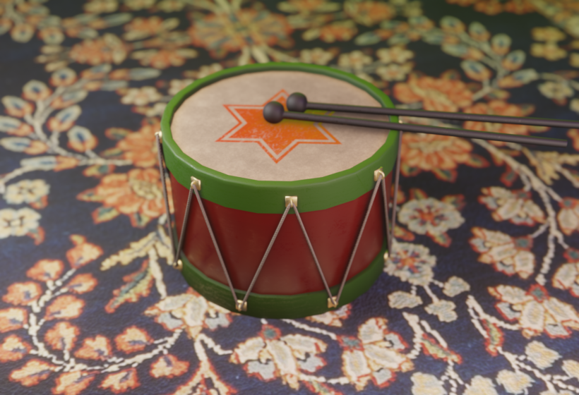 Green and red toy drum with drumsticks 3D asset low poly game ready on carpet