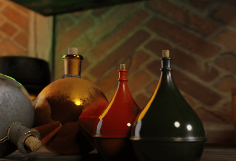 An alchemist lab vials closeup view Blender EEVEE