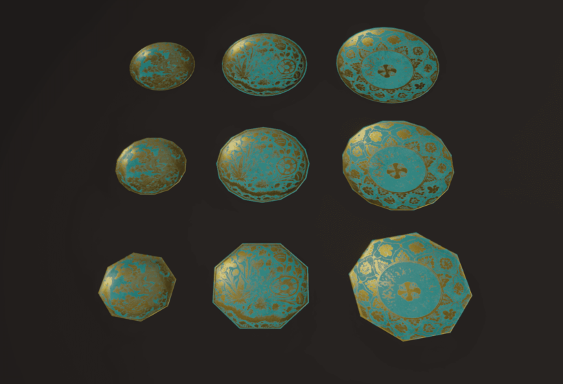 teal and gold ornament porcelain persian plates 3d models