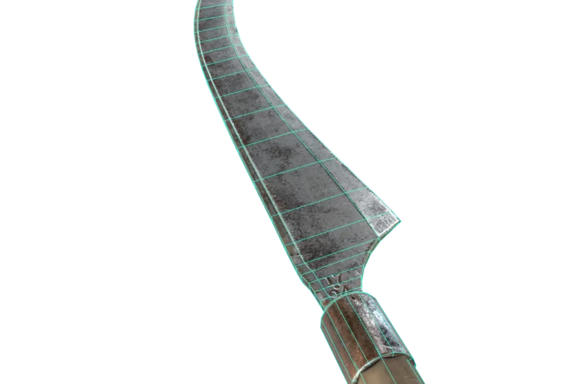 realisitic PBR low poly scythe game asset wireframe