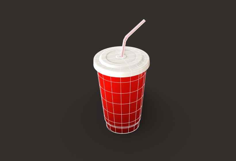 plastic drink cup with straw 3D model game ready low poly prev2 wirefame