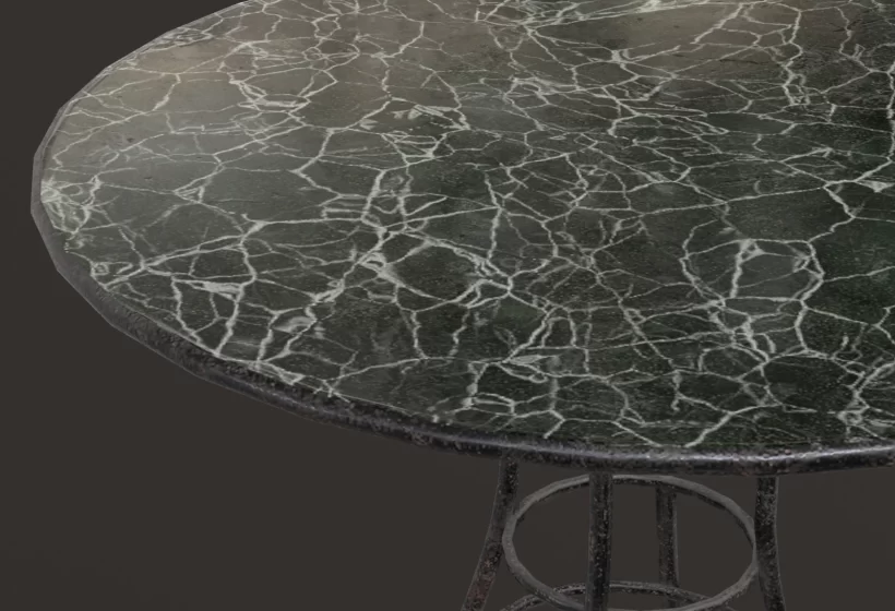 round bistro table 3D model game ready dark green marble wrought iron details preview