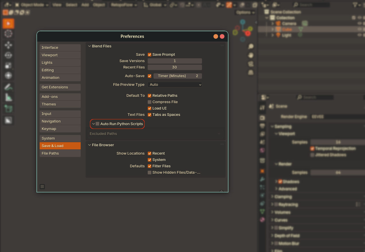 auto run python scripts - Blender 3D safety option